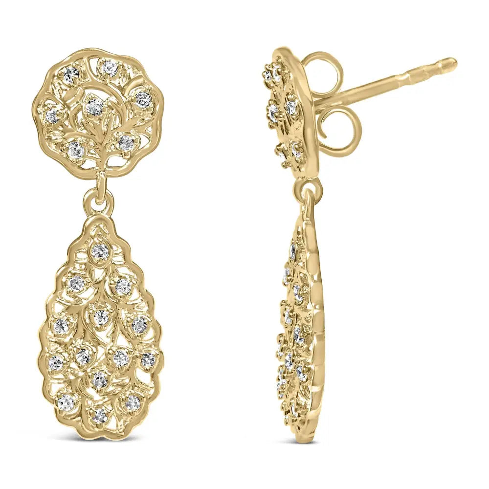 14k Yellow Gold Plated Sterling Silver 1/5 Cttw Diamond Teardrop Filigree Earrings (h-i Color I1-i2 Clarity) - Fine