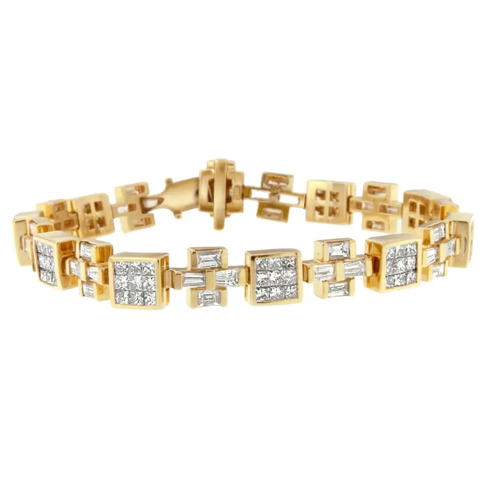 14k Yellow Gold Princess and Baguette Cut Diamond Cubes Crosses Bracelet (8 1/3 Cttw G-h Color Vs1-vs2 Clarity) - Fine