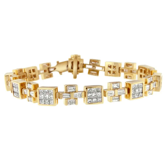 14k Yellow Gold Princess and Baguette Cut Diamond Cubes Crosses Bracelet (8 1/3 Cttw G-h Color Vs1-vs2 Clarity) - Fine