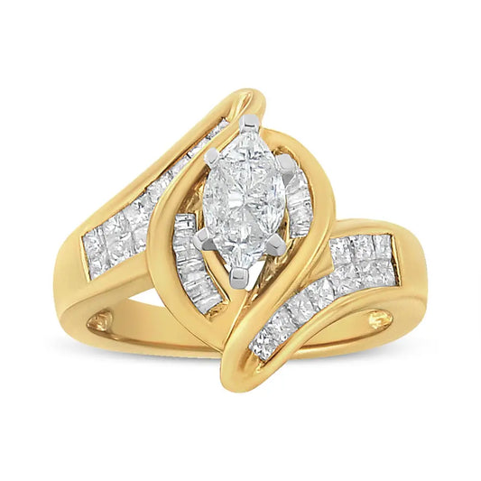 14k Yellow Gold Princess Baguette and Pie Cut Diamond Marquise Shaped Ring (1 1/4 Cttw G-h Color Si1-si2 Clarity)