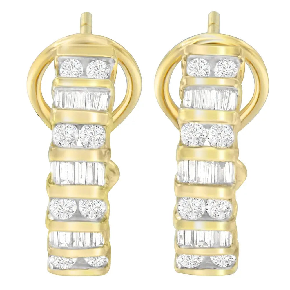 14k Yellow Gold Round and Baguette-cut Diamond Earrings (1 1/2 Cttw H-i Color Si2-i1 Clarity) - Fine Jewelry us Direct