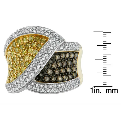 14k Yellow Gold White and Champagne Round-cut Diamond Cross-over Ring (1 1/2 Cttw H-i Color I1-i2 Clarity) - 6.5 - Fine