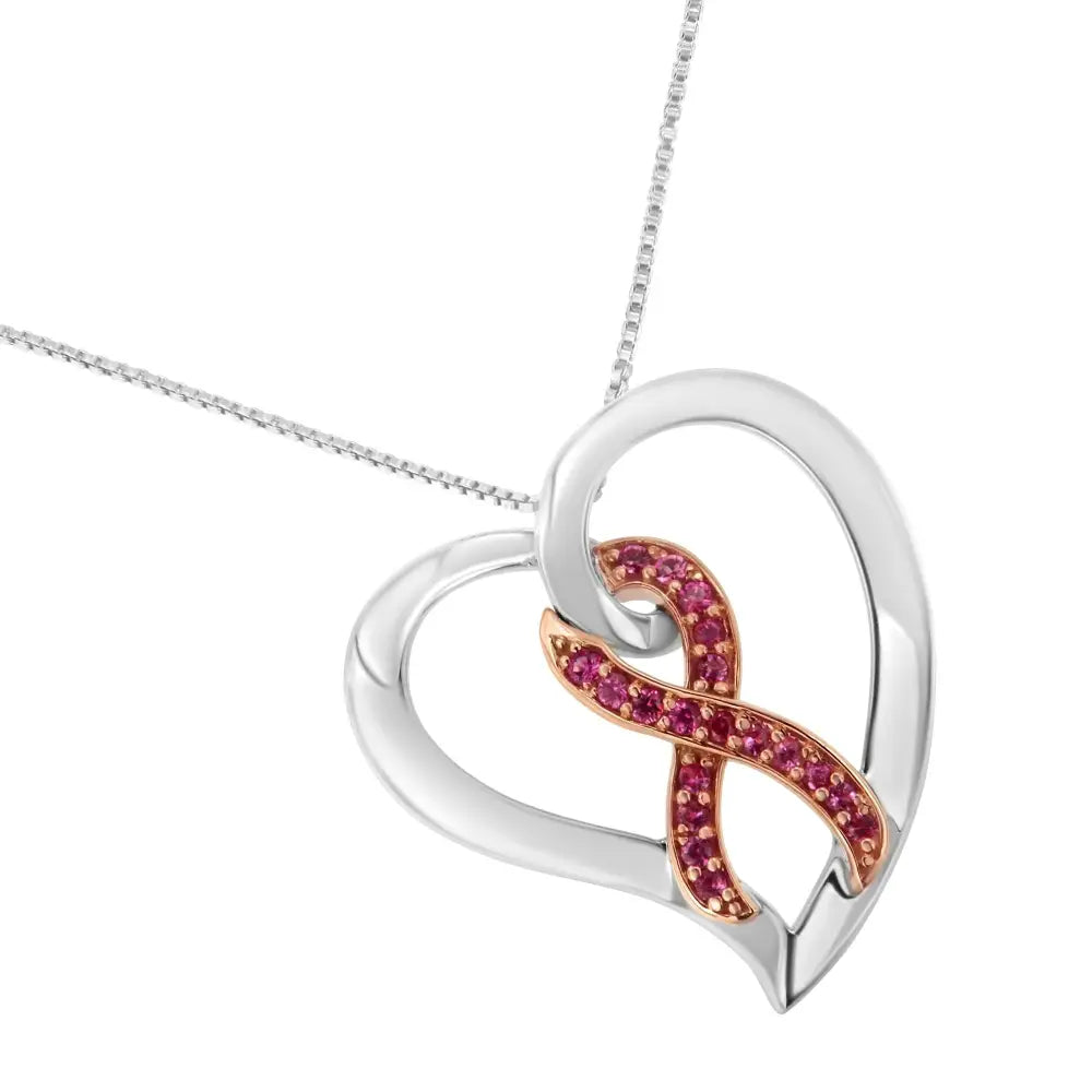 14kt Rose Gold and Sterling Silver Heart Pendant Necklace with Created Pink Sapphires - Fine Jewelry us Direct