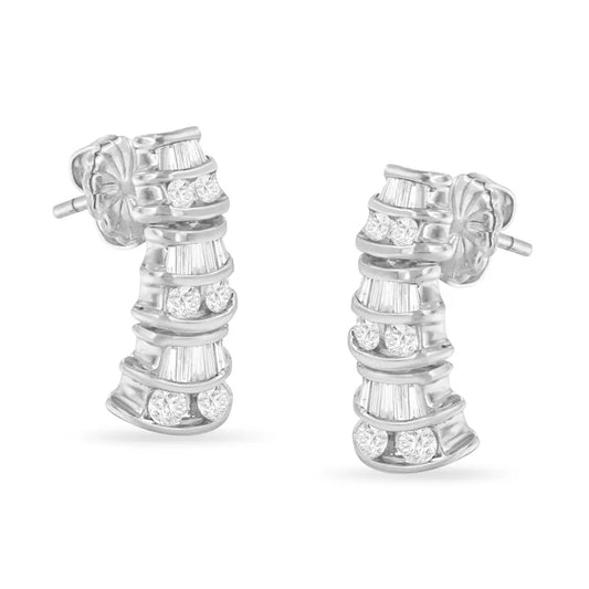 14kt White Gold 7/8 Cttw Bagutte & Round Brilliant-cut Diamond Dangle Multi Row Earrings (h-i Si2-i1) - Fine Jewelry