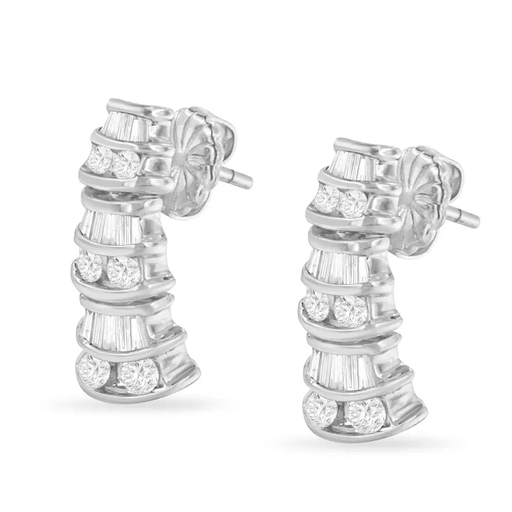 14kt White Gold 7/8 Cttw Bagutte & Round Brilliant-cut Diamond Dangle Multi Row Earrings (h-i Si2-i1) - Fine Jewelry