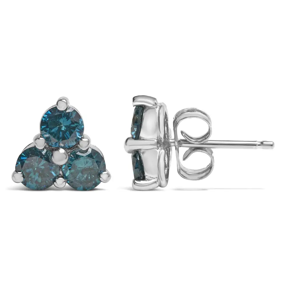 14kt White Gold Treated Blue Diamond Trio Stud Earrings (1 1/3 Cttw Blue) - Fine Jewelry us Direct