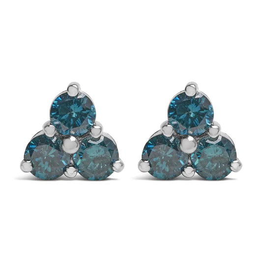 14kt White Gold Treated Blue Diamond Trio Stud Earrings (1 1/3 Cttw Blue) - Fine Jewelry us Direct