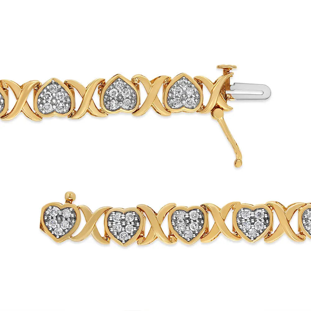 14ky Yellow Gold Plated.925 Sterling Silver 1.00 Cttw Diamond Heart and x Link Bracelet (i-j Color I3 Clarity)