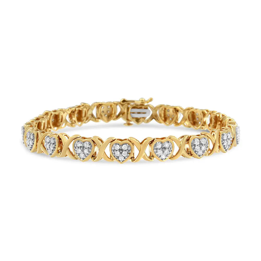 14ky Yellow Gold Plated.925 Sterling Silver 1.00 Cttw Diamond Heart and x Link Bracelet (i-j Color I3 Clarity)