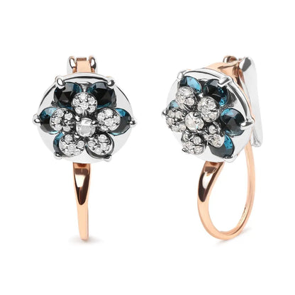 18k Rose and White Gold 1/3 Cttw Round Diamonds London Blue Topaz Gemstone Cluster Floral Drop Hoop Earrings (g-h Color