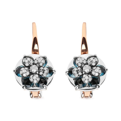 18k Rose and White Gold 1/3 Cttw Round Diamonds London Blue Topaz Gemstone Cluster Floral Drop Hoop Earrings (g-h Color