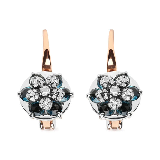 18k Rose and White Gold 1/3 Cttw Round Diamonds London Blue Topaz Gemstone Cluster Floral Drop Hoop Earrings (g-h Color