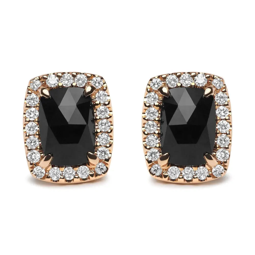 18k Rose and White Gold 1/4 Cttw Round Diamond 8x6mm Cushion Cut Black Onyx Gemstone Halo Stud Earrings (g-h Color