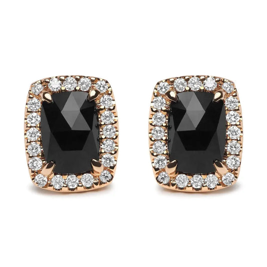 18k Rose and White Gold 1/4 Cttw Round Diamond 8x6mm Cushion Cut Black Onyx Gemstone Halo Stud Earrings (g-h Color