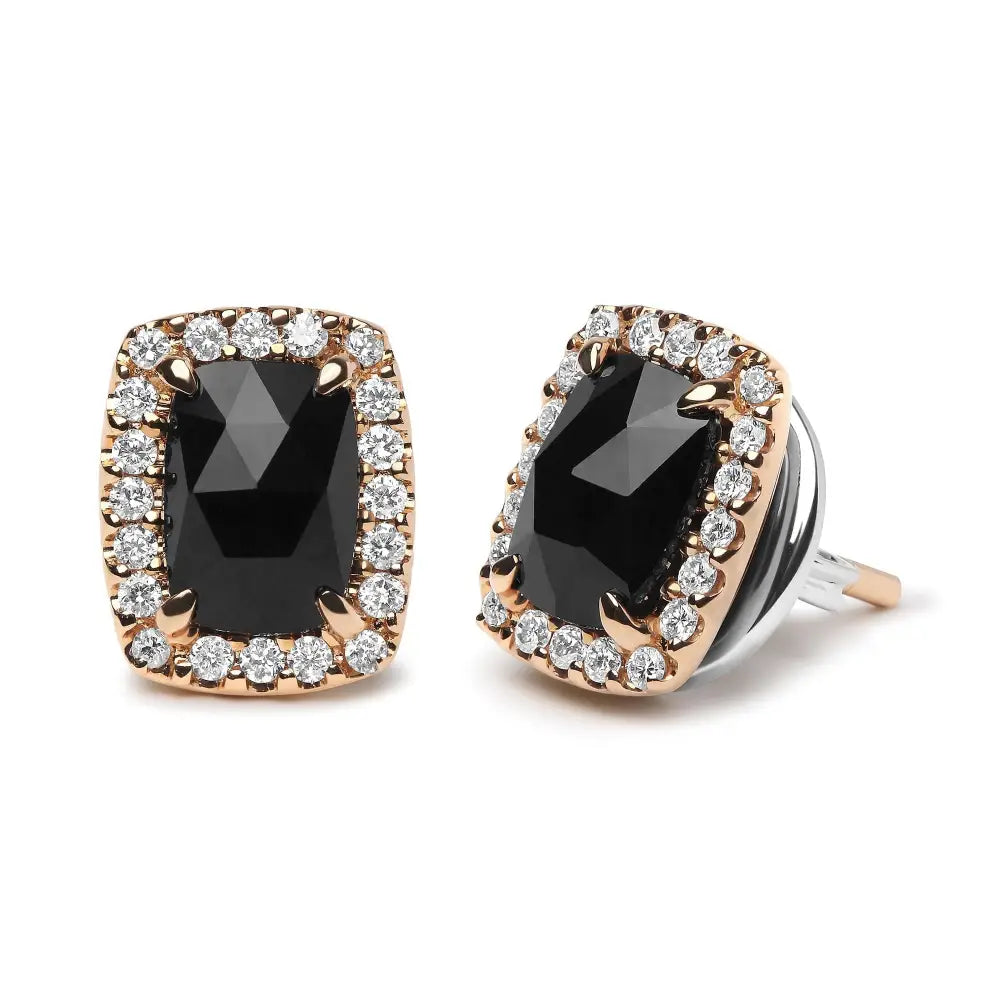 18k Rose and White Gold 1/4 Cttw Round Diamond 8x6mm Cushion Cut Black Onyx Gemstone Halo Stud Earrings (g-h Color