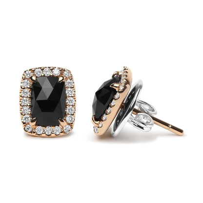 18k Rose and White Gold 1/4 Cttw Round Diamond 8x6mm Cushion Cut Black Onyx Gemstone Halo Stud Earrings (g-h Color