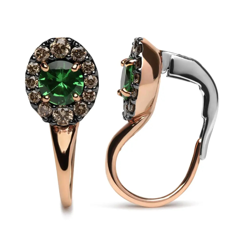 18k Rose and White Gold 3/8 Cttw Round Brown Diamonds Green Tsavorite Gemstone Halo Drop Hoop Earrings (brown Color