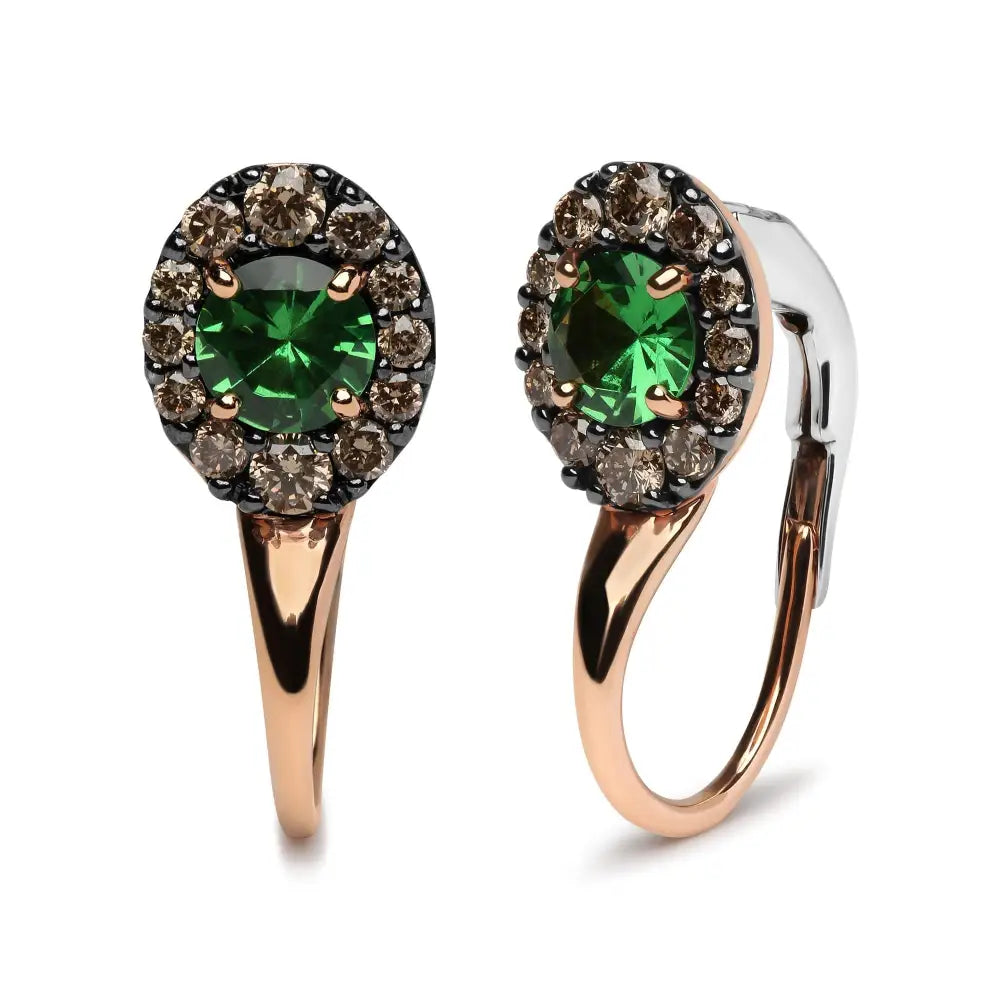 18k Rose and White Gold 3/8 Cttw Round Brown Diamonds Green Tsavorite Gemstone Halo Drop Hoop Earrings (brown Color