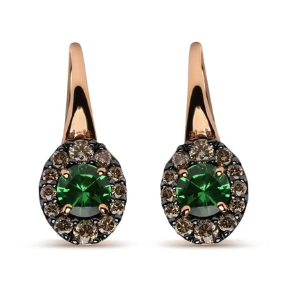 18k Rose and White Gold 3/8 Cttw Round Brown Diamonds Green Tsavorite Gemstone Halo Drop Hoop Earrings (brown Color