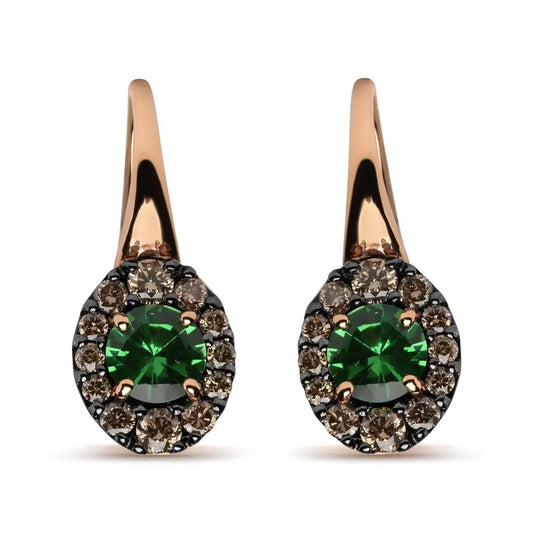 18k Rose and White Gold 3/8 Cttw Round Brown Diamonds Green Tsavorite Gemstone Halo Drop Hoop Earrings (brown Color