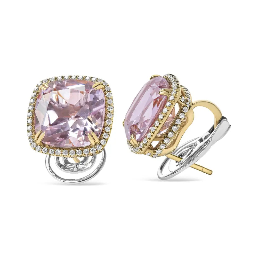 18k Rose and White Gold 9/10 Cttw Round Diamond 15mm Cushion Cut De France Pink Amethyst Gemstone Clip on Stud Earring