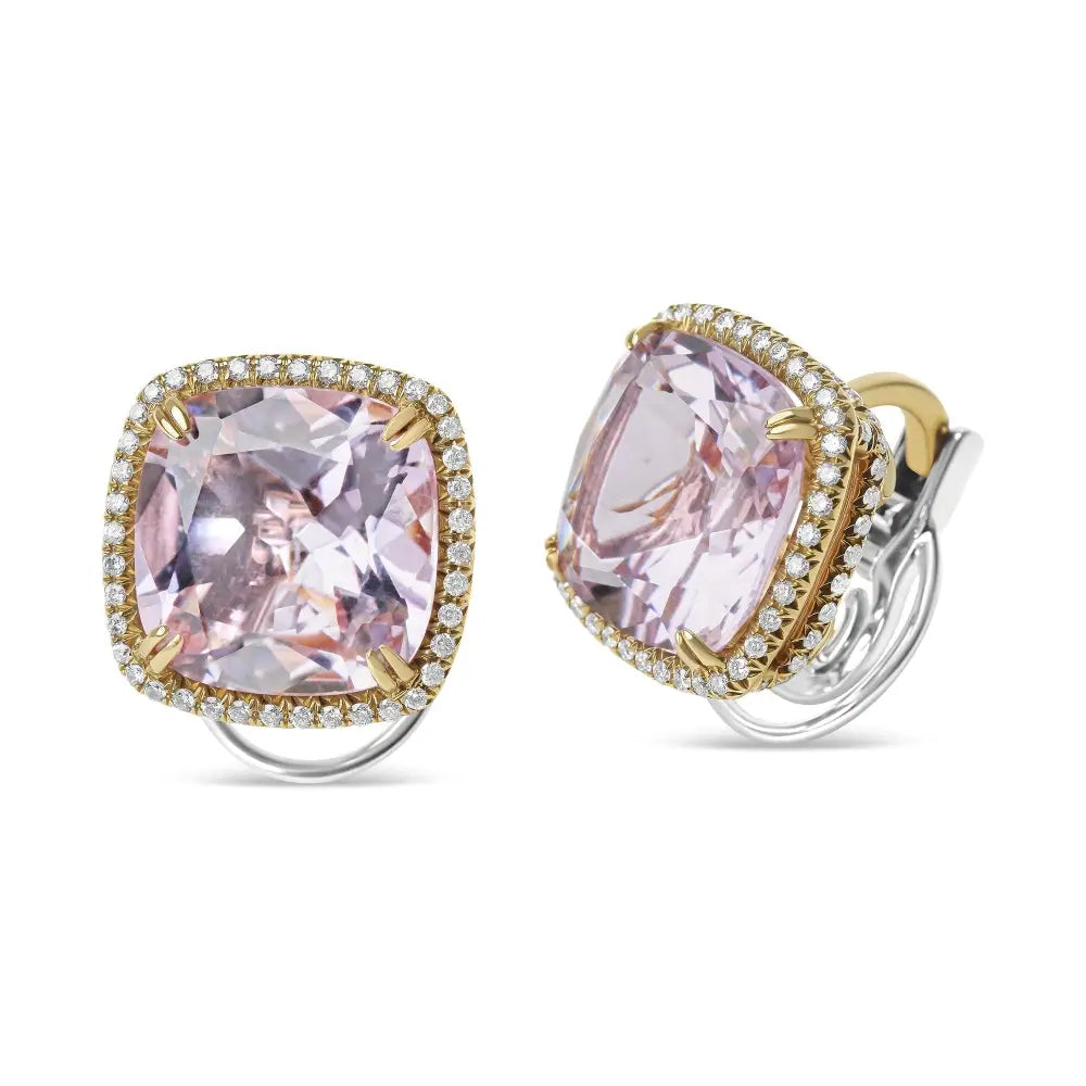 18k Rose and White Gold 9/10 Cttw Round Diamond 15mm Cushion Cut De France Pink Amethyst Gemstone Clip on Stud Earring