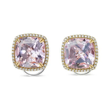 18k Rose and White Gold 9/10 Cttw Round Diamond 15mm Cushion Cut De France Pink Amethyst Gemstone Clip on Stud Earring