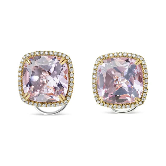 18k Rose and White Gold 9/10 Cttw Round Diamond 15mm Cushion Cut De France Pink Amethyst Gemstone Clip on Stud Earring