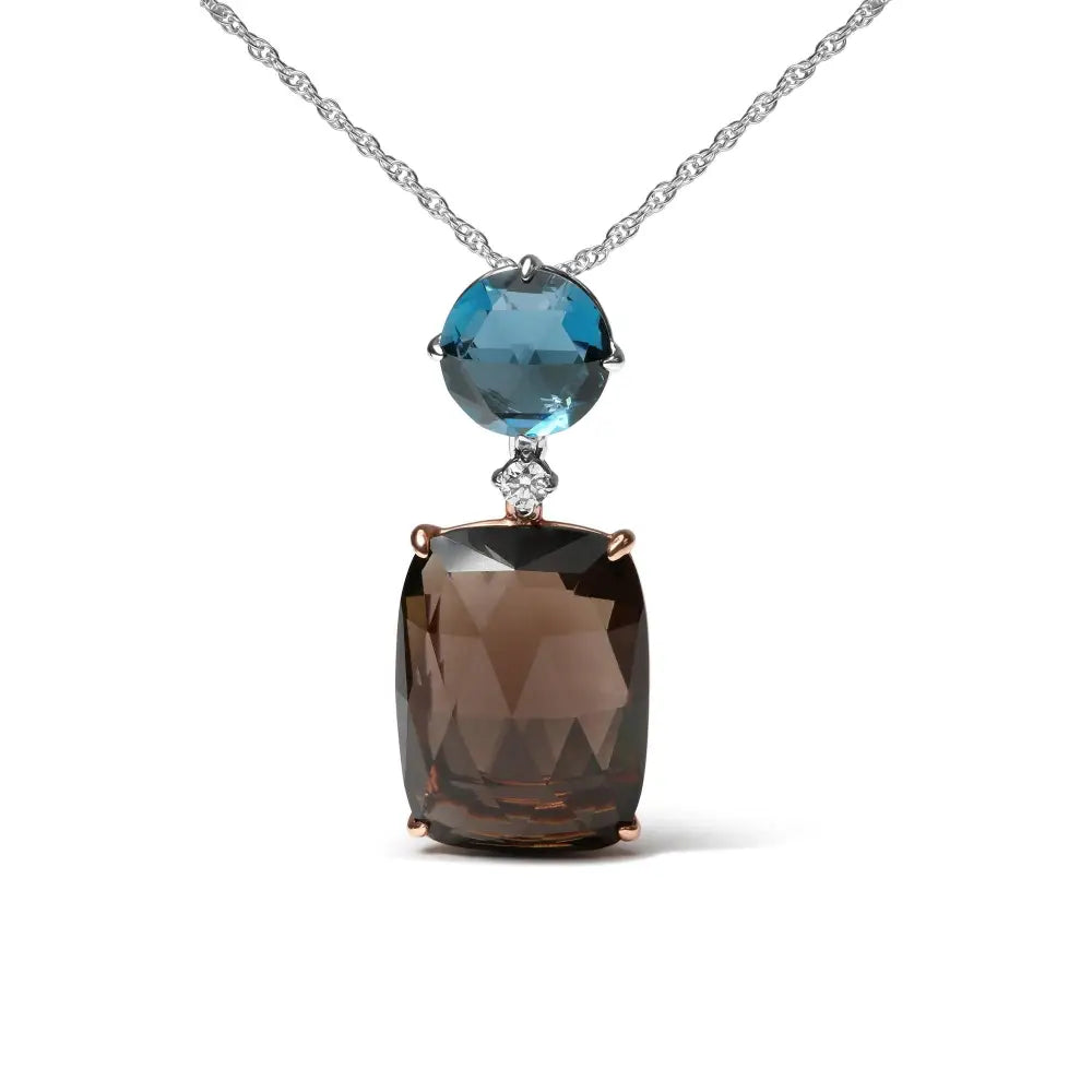 18k Rose and White Gold Diamond Accent London Blue Topaz Cushion Cut Smoky Quartz Gemstone Dangle Drop 18’’ Pendant