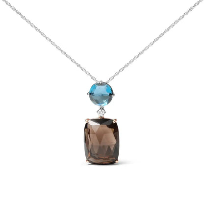 18k Rose and White Gold Diamond Accent London Blue Topaz Cushion Cut Smoky Quartz Gemstone Dangle Drop 18’’ Pendant