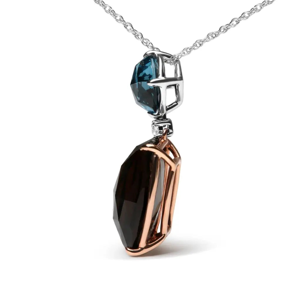 18k Rose and White Gold Diamond Accent London Blue Topaz Cushion Cut Smoky Quartz Gemstone Dangle Drop 18’’ Pendant