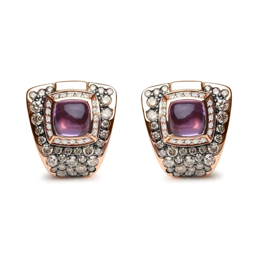 18k Rose Gold 1 1/2 Cttw Round Diamond and 7mm Cushion Cut Purple Amethyst Gemstone Geometrical Statement Stud Earrings