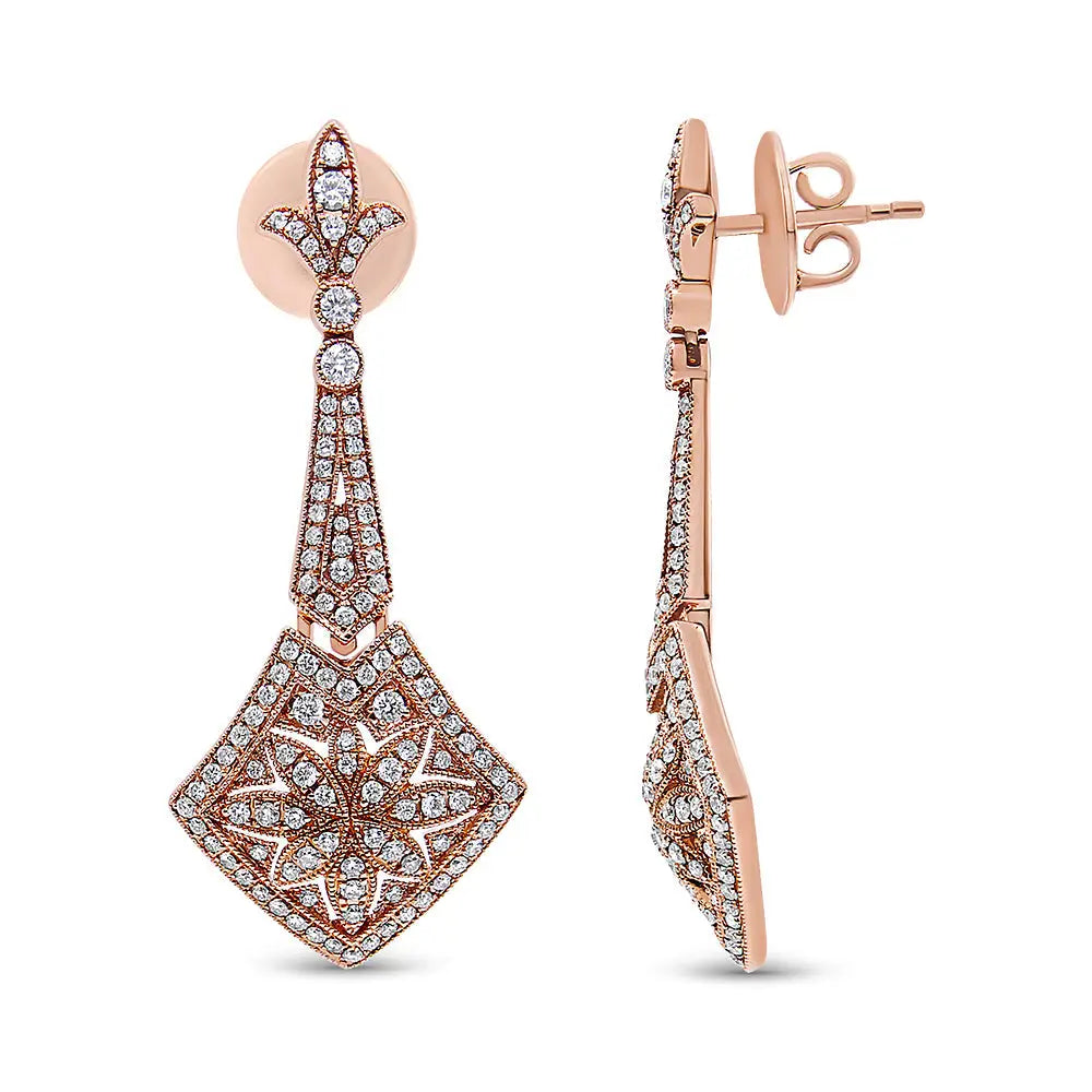 18k Rose Gold 1 1/3 Cttw Diamond Studded Fleur De Lis Trellis Style Drop and Dangle Earring (f-g Color Vs1-vs2 Clarity)