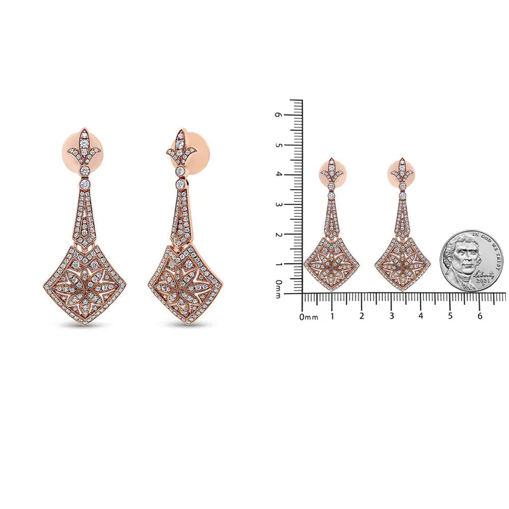 18k Rose Gold 1 1/3 Cttw Diamond Studded Fleur De Lis Trellis Style Drop and Dangle Earring (f-g Color Vs1-vs2 Clarity)