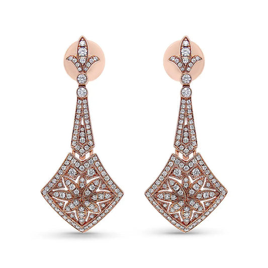 18k Rose Gold 1 1/3 Cttw Diamond Studded Fleur De Lis Trellis Style Drop and Dangle Earring (f-g Color Vs1-vs2 Clarity)