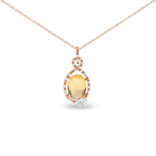 18k Rose Gold 1/5 Cttw Diamond and Oval Yellow Citrine Round Orange Sapphire Gemstone Openwork Halo Teardrop