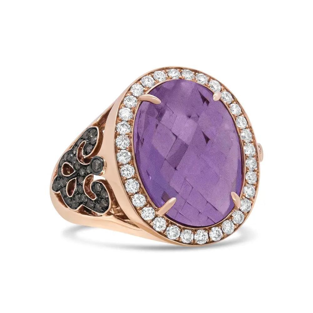 18k Rose Gold 18x13 Mm Oval Cut Purplse Amethyst and 1.00 Cttw Diamond Cocktail Ring (champagne F-g Color Vs1-vs2