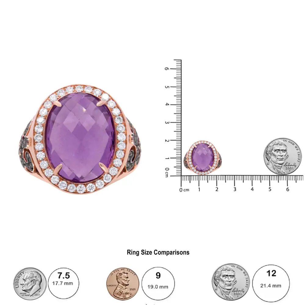 18k Rose Gold 18x13 Mm Oval Cut Purplse Amethyst and 1.00 Cttw Diamond Cocktail Ring (champagne F-g Color Vs1-vs2