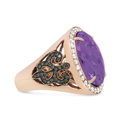 18k Rose Gold 18x13 Mm Oval Cut Purplse Amethyst and 1.00 Cttw Diamond Cocktail Ring (champagne F-g Color Vs1-vs2