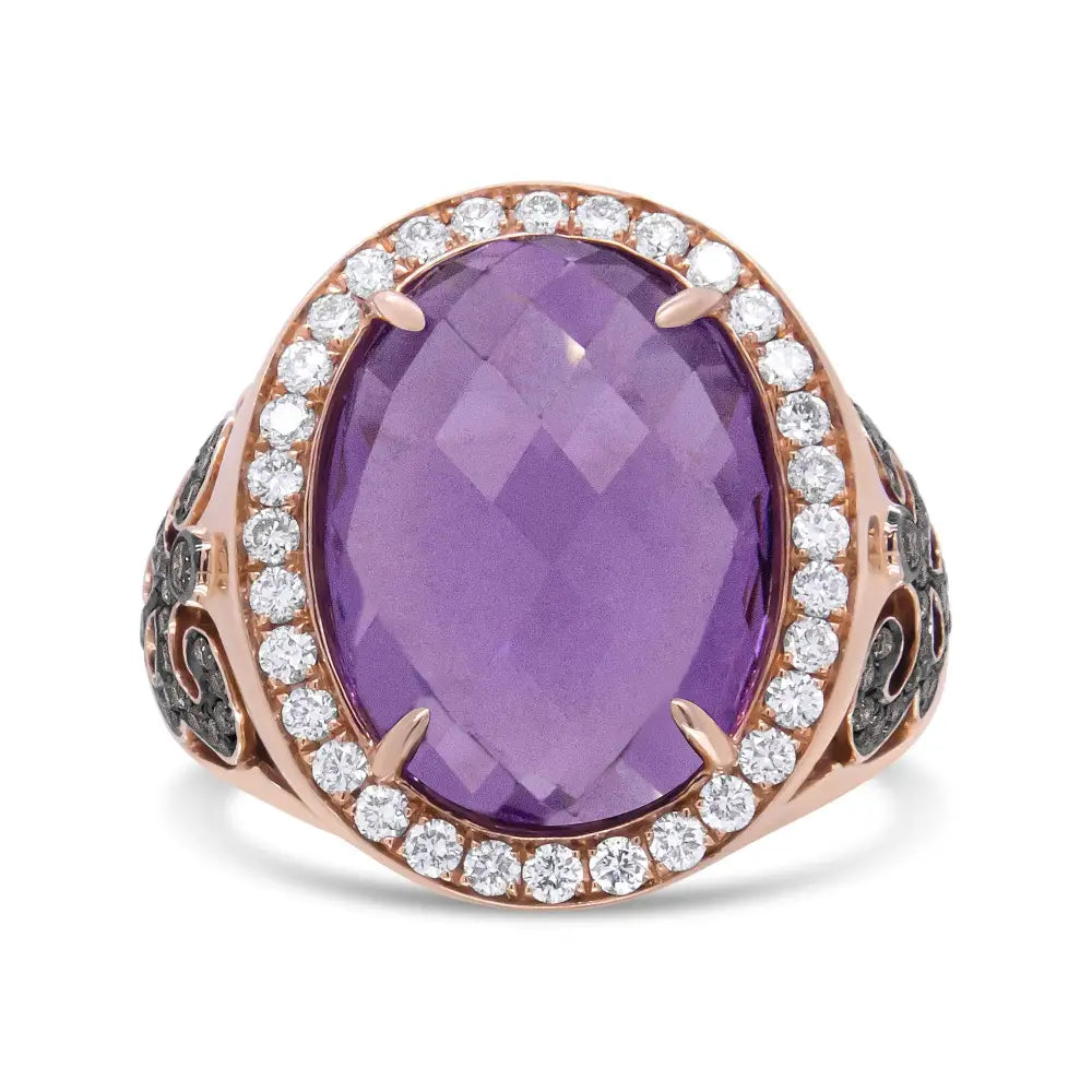 18k Rose Gold 18x13 Mm Oval Cut Purplse Amethyst and 1.00 Cttw Diamond Cocktail Ring (champagne F-g Color Vs1-vs2