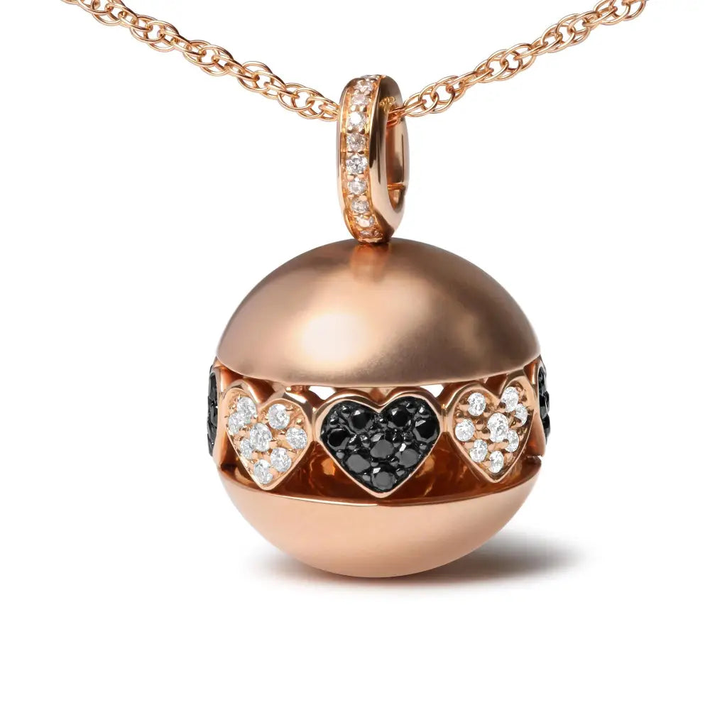 18k Rose Gold 3/8 Cttw Black and White Diamond Ball with Filigree Heart Cluster Design 18’’ Pendant Necklace (black