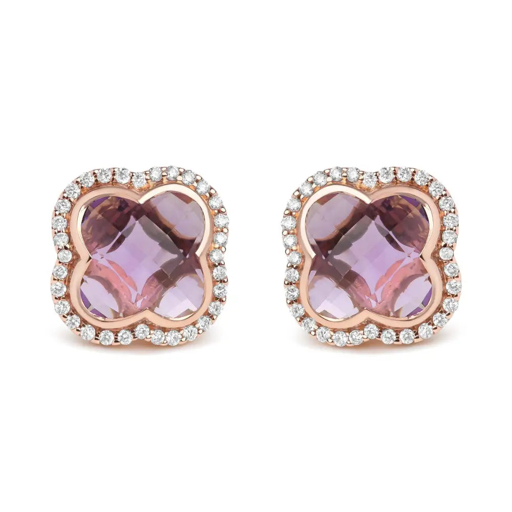 18k Rose Gold 3/8 Cttw Diamond and 11x11mm Clover-cut Purple Amethyst Gemstone Clover Halo Stud Earrings (g-h Color