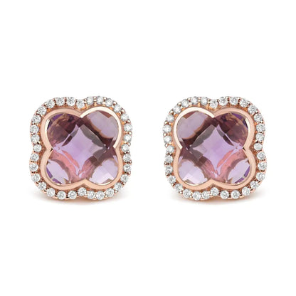 18k Rose Gold 3/8 Cttw Diamond and 11x11mm Clover-cut Purple Amethyst Gemstone Clover Halo Stud Earrings (g-h Color