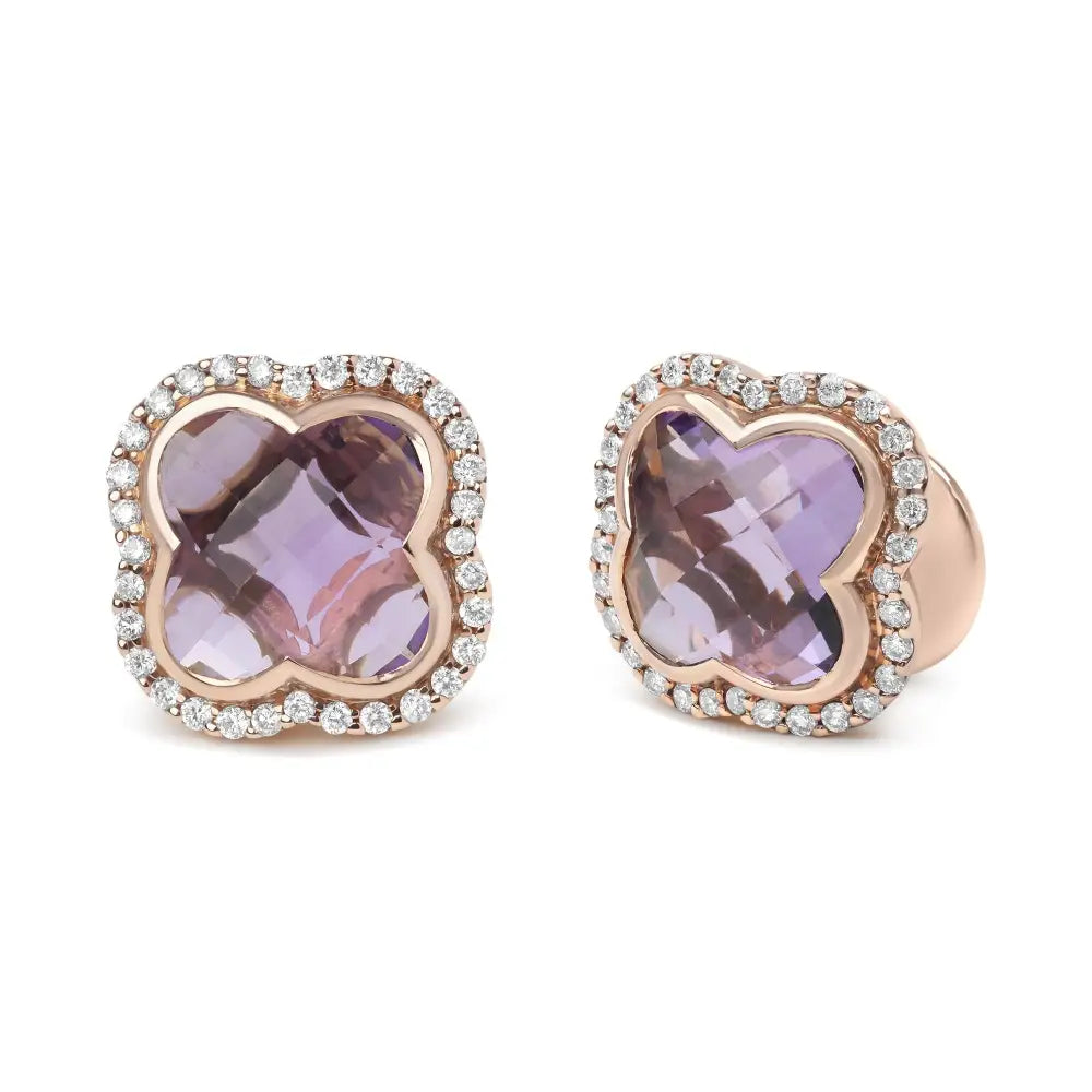 18k Rose Gold 3/8 Cttw Diamond and 11x11mm Clover-cut Purple Amethyst Gemstone Clover Halo Stud Earrings (g-h Color