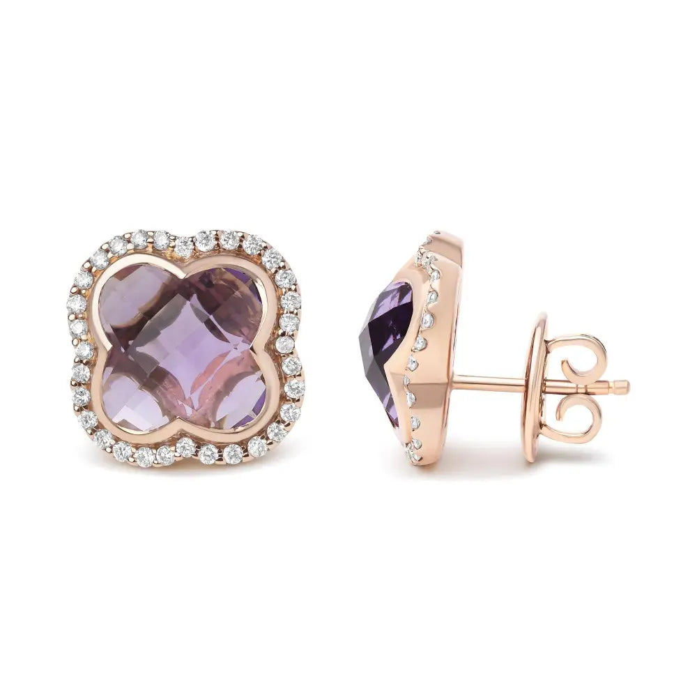 18k Rose Gold 3/8 Cttw Diamond and 11x11mm Clover-cut Purple Amethyst Gemstone Clover Halo Stud Earrings (g-h Color