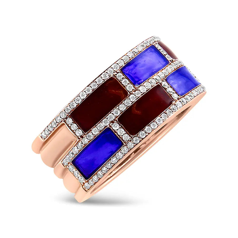 18k Rose Gold Alternating Red and Blue Enamel 1/2 Cttw Diamond Studded Band Ring (f-g Color Vs1-vs2 Clarity) - Fine