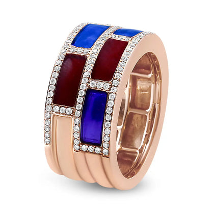 18k Rose Gold Alternating Red and Blue Enamel 1/2 Cttw Diamond Studded Band Ring (f-g Color Vs1-vs2 Clarity) - Fine