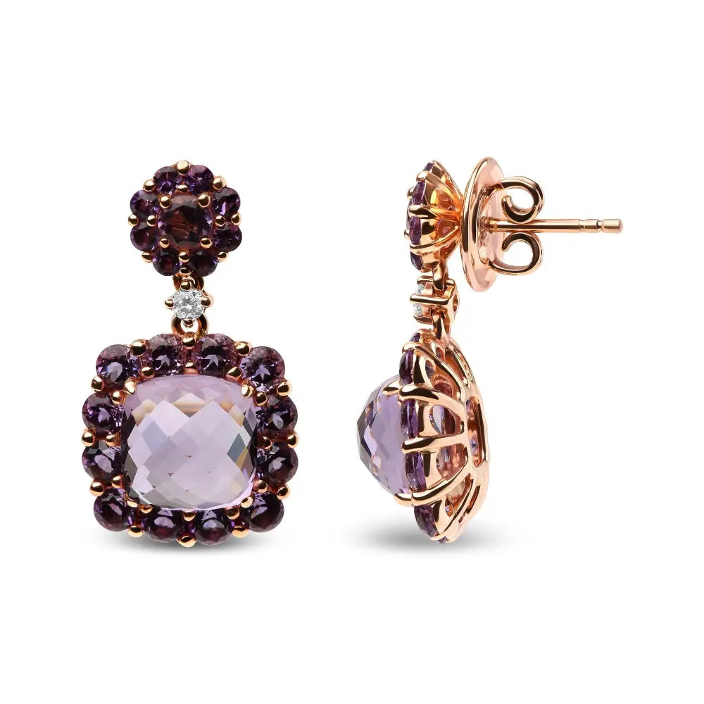 18k Rose Gold Diamond Accent and Pink Purple Amethyst Gemstone Halo Dangle Drop Earrings (g-h Color Si1-si2 Clarity)