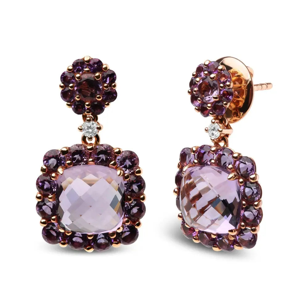 18k Rose Gold Diamond Accent and Pink Purple Amethyst Gemstone Halo Dangle Drop Earrings (g-h Color Si1-si2 Clarity)