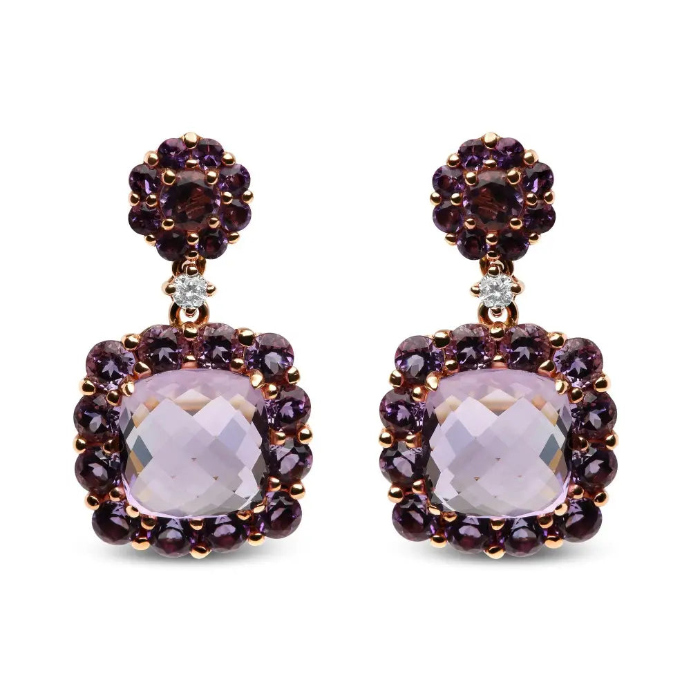 18k Rose Gold Diamond Accent and Pink Purple Amethyst Gemstone Halo Dangle Drop Earrings (g-h Color Si1-si2 Clarity)